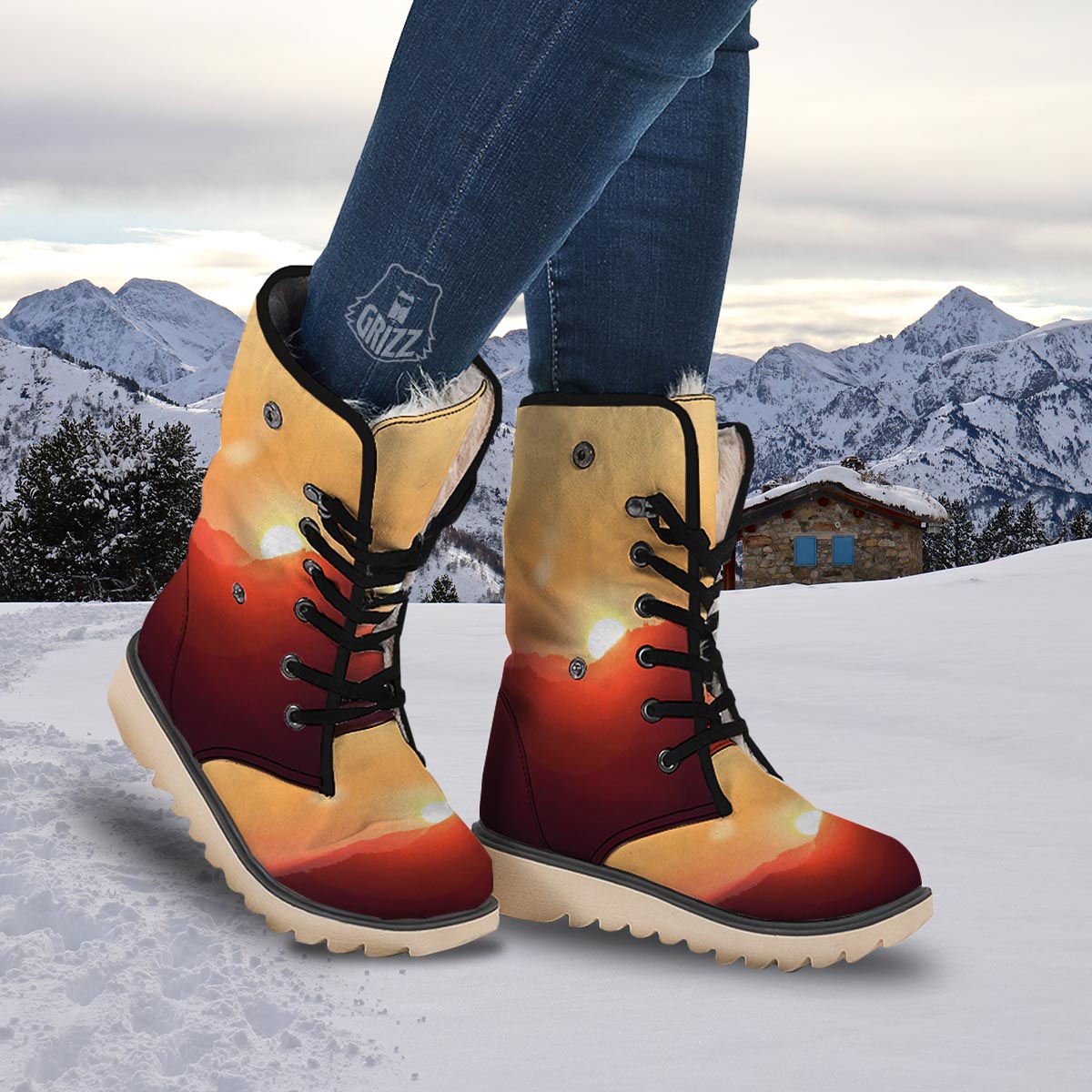Mountain Sunrise Print Snow Boots-grizzshop