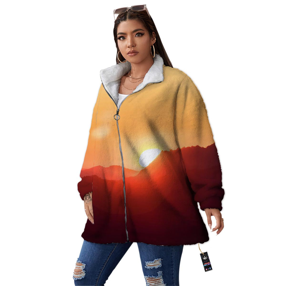 Mountain Sunrise Print Women's Sherpa Jacket-grizzshop