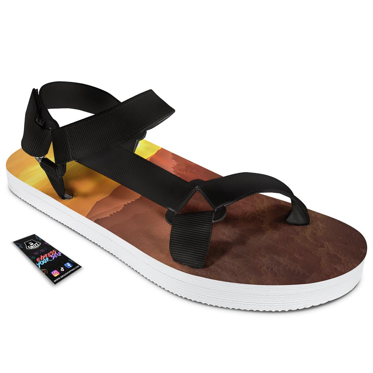 Mountain Sunset Print Black Open Toe Sandals-grizzshop