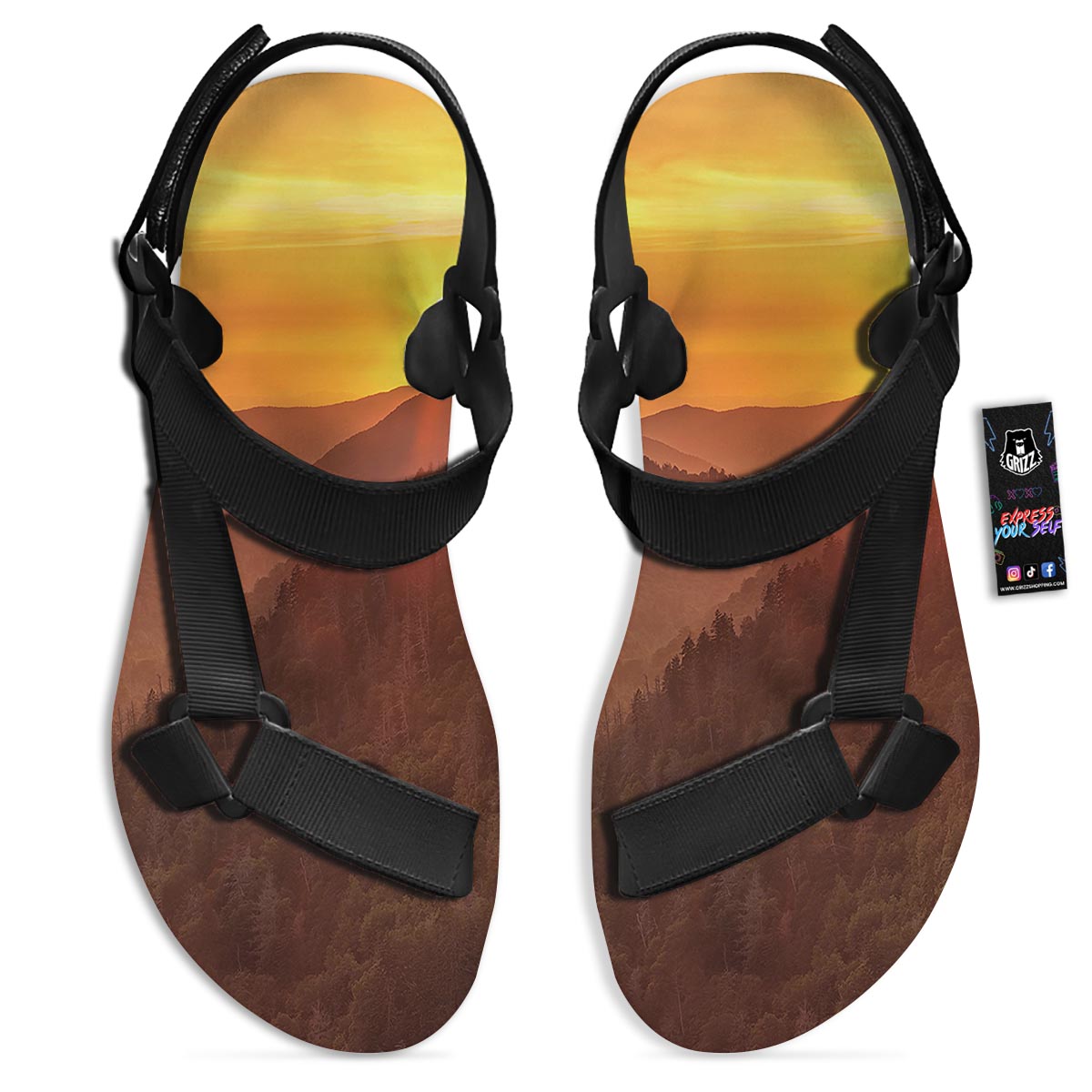 Mountain Sunset Print Black Open Toe Sandals-grizzshop