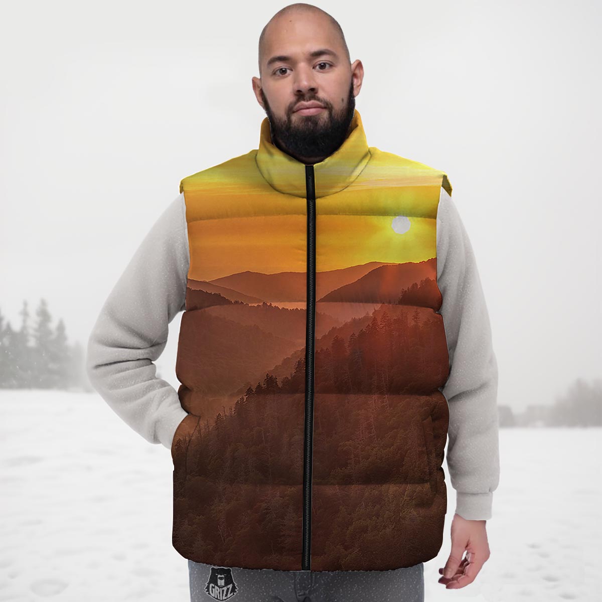 Mountain Sunset Print Down Vest