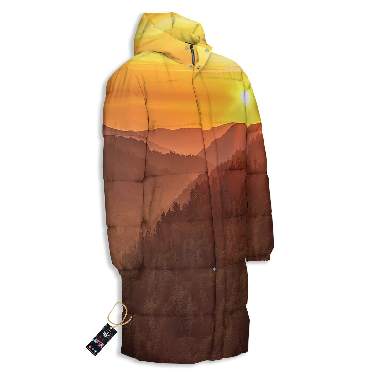 Mountain Sunset Print Long Down Jacket-grizzshop