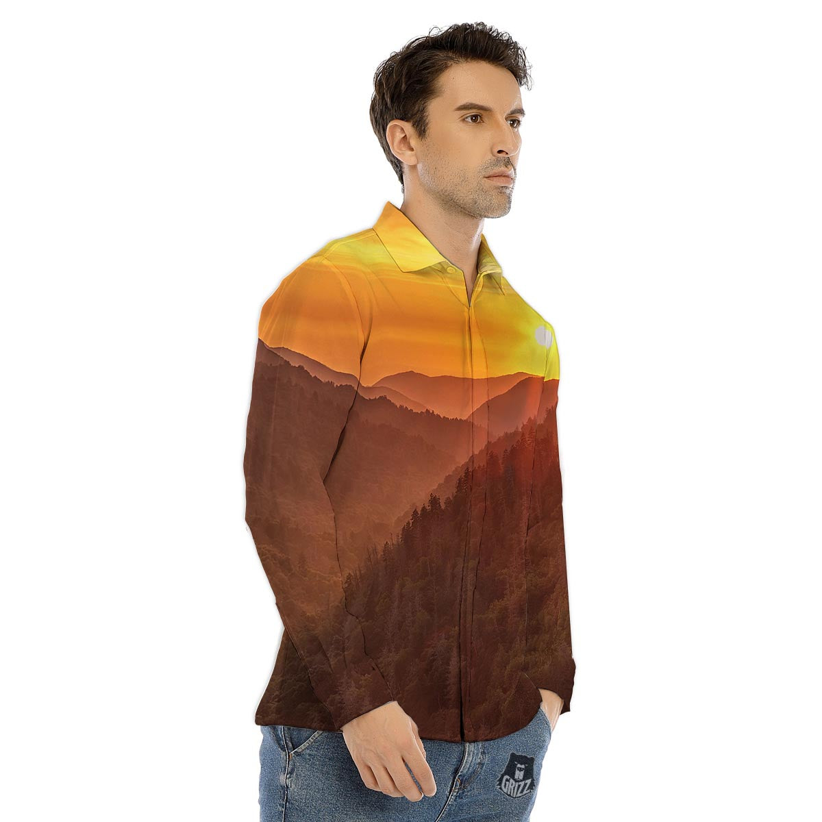Mountain Sunset Print Men's Dress Shirts-grizzshop