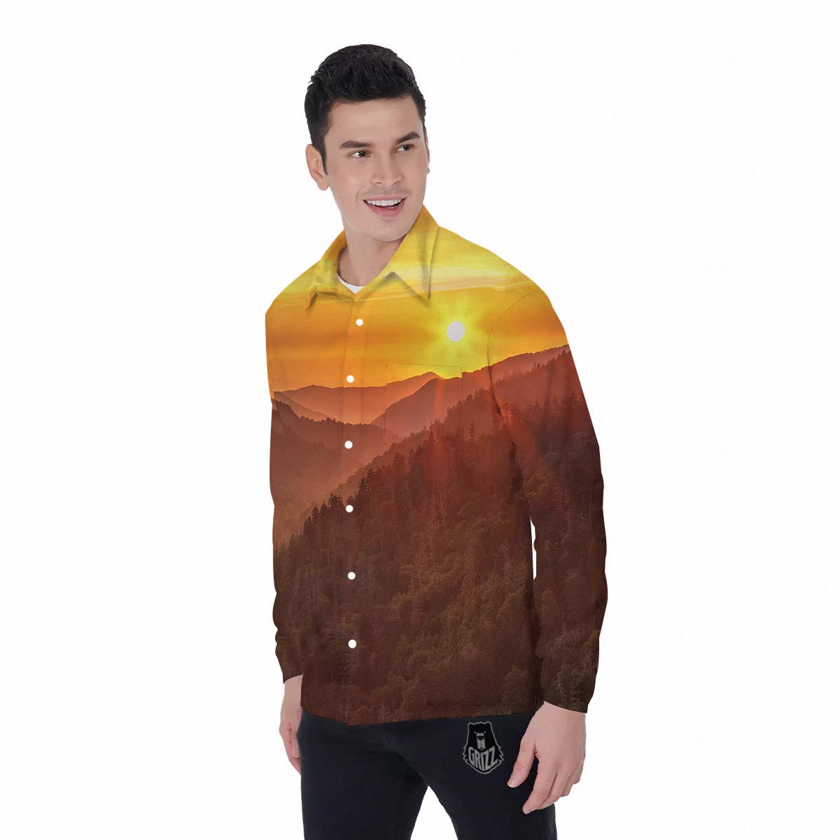 Mountain Sunset Print Men's Long Sleeve Shirts-grizzshop