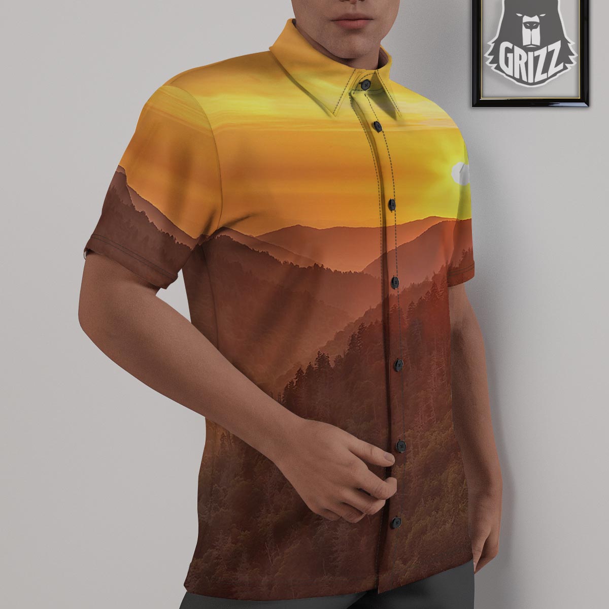 Mountain Sunset Print Untucked Shirts-grizzshop