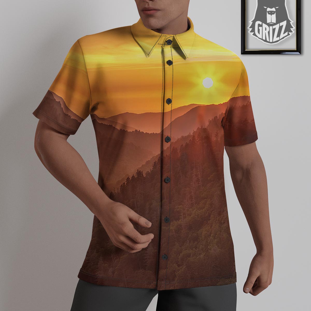 Mountain Sunset Print Untucked Shirts-grizzshop