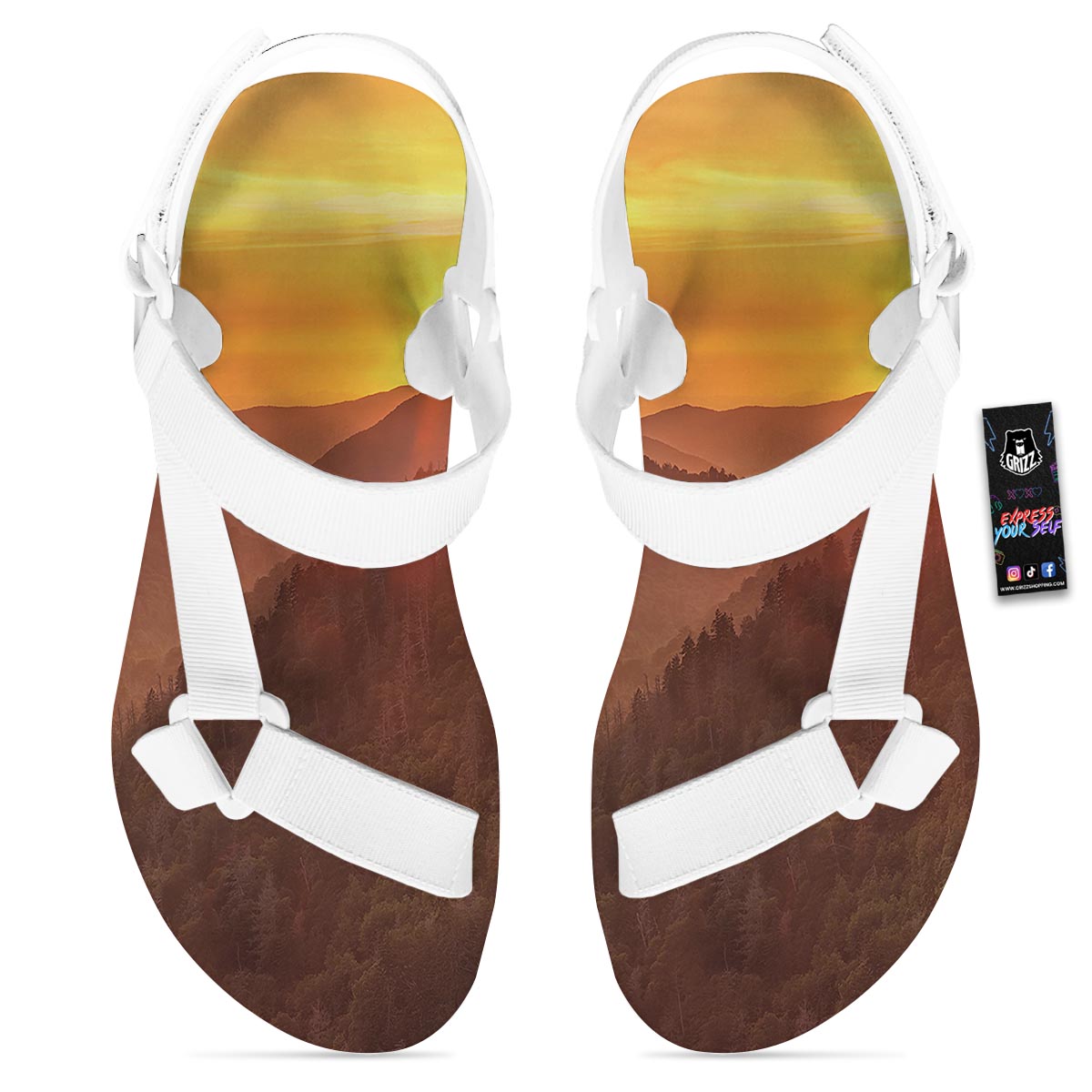 Mountain Sunset Print White Open Toe Sandals-grizzshop