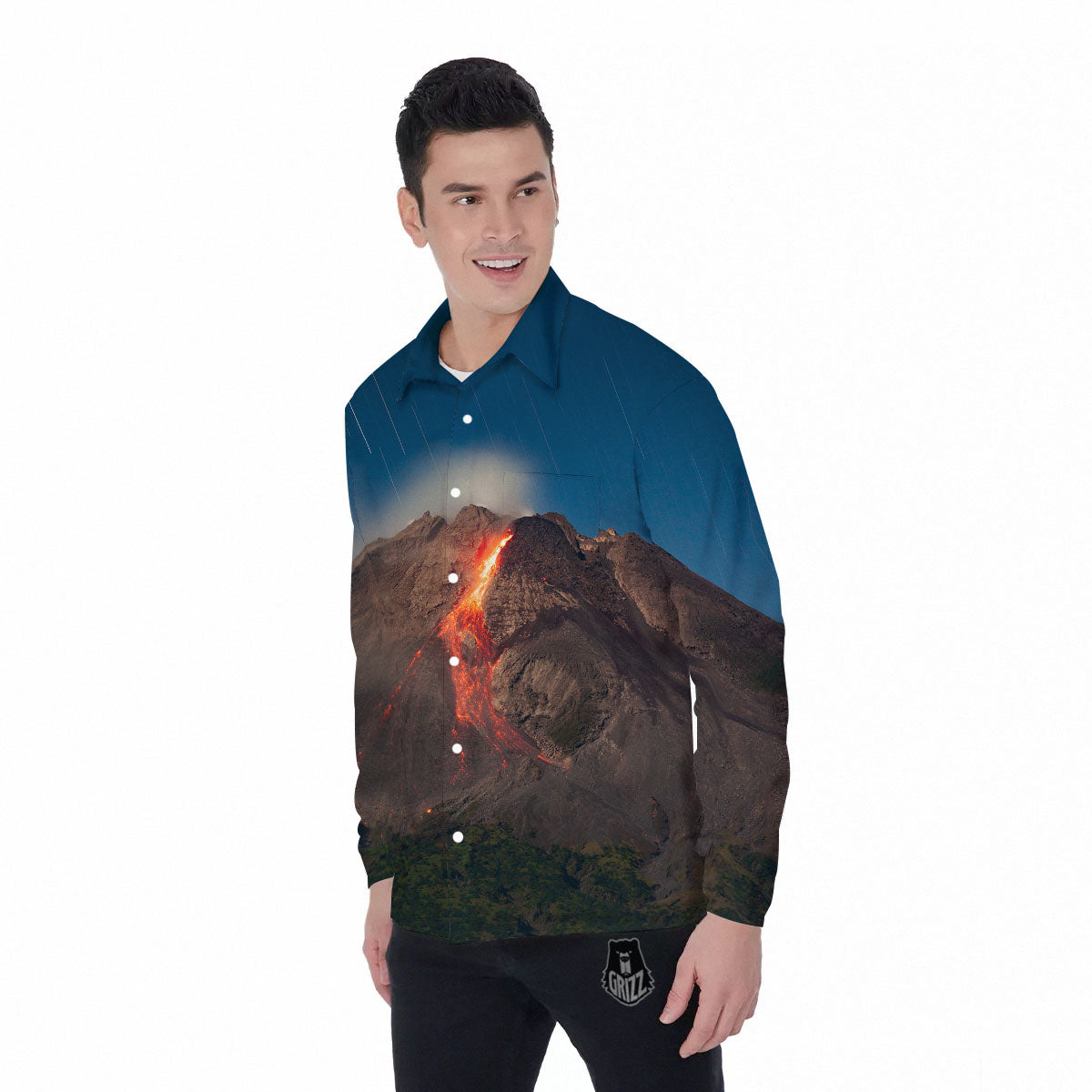 Mountain Volcanic Print Men's Long Sleeve Shirts-grizzshop
