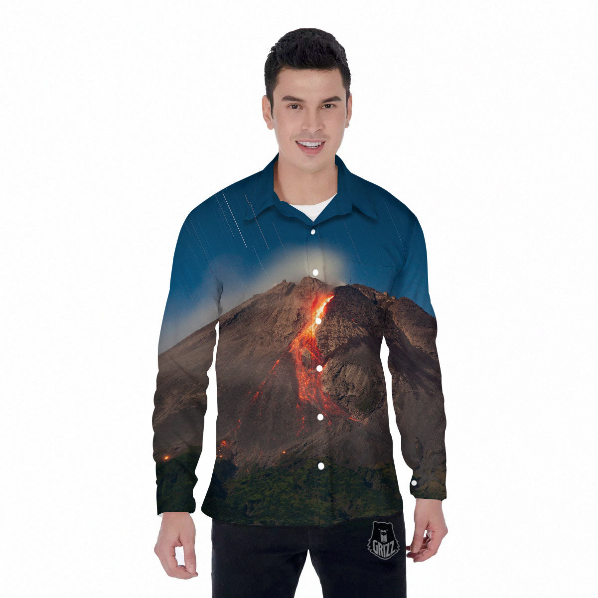 Mountain Volcanic Print Men's Long Sleeve Shirts-grizzshop