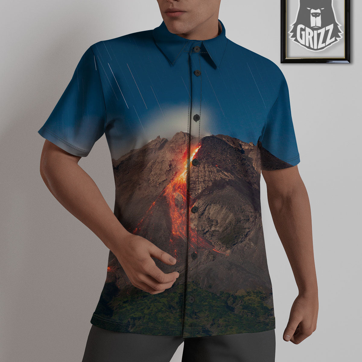 Mountain Volcanic Print Untucked Shirts-grizzshop