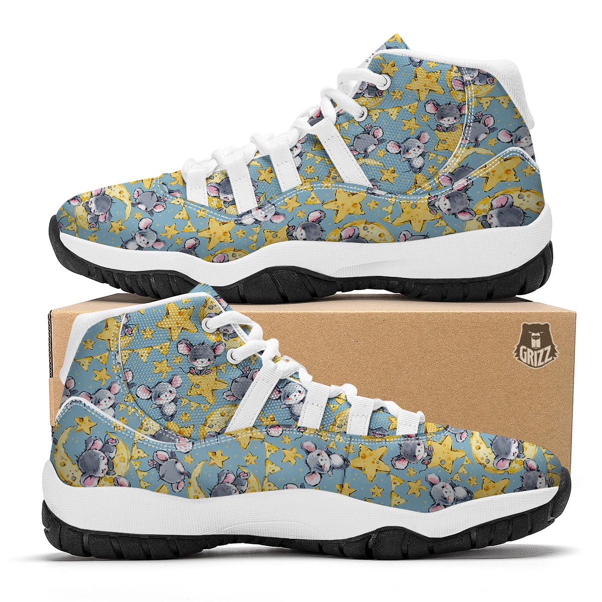 Mouse Cheese Pattern Print White Bball Shoes-grizzshop