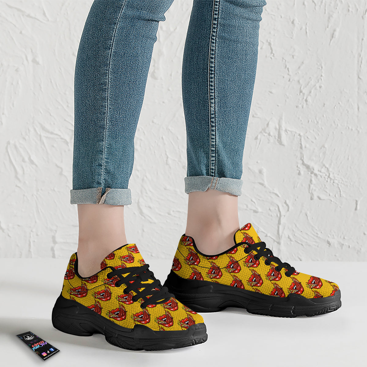 Mouth And Tongue Sticking Fire Print Pattern Black Chunky Shoes-grizzshop