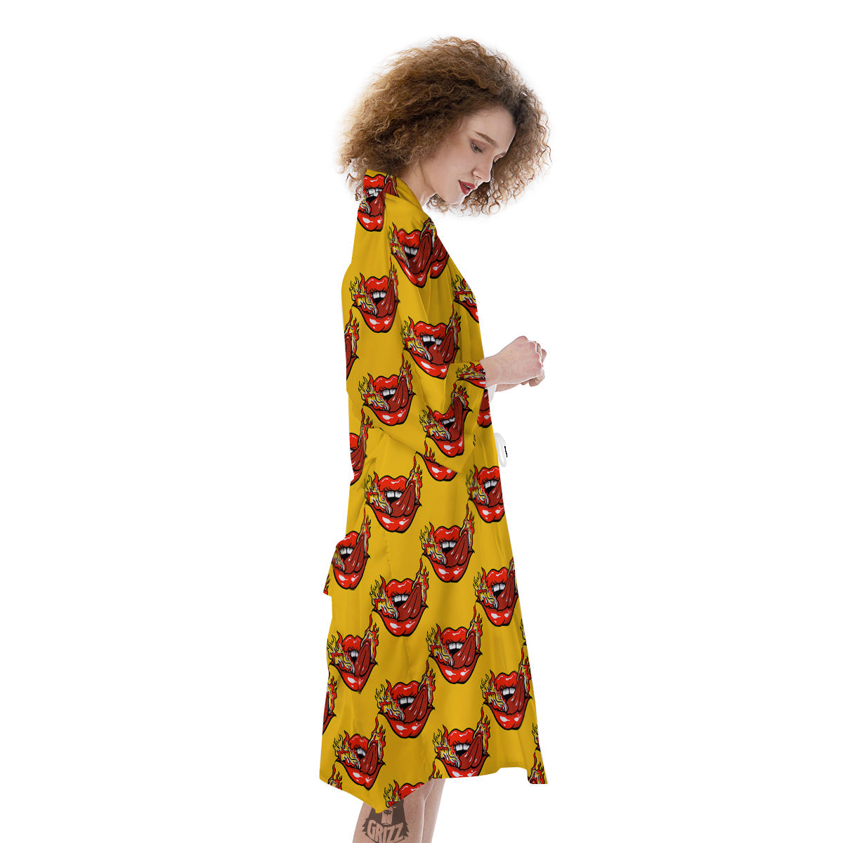 Mouth And Tongue Sticking Fire Print Pattern Kimono-grizzshop