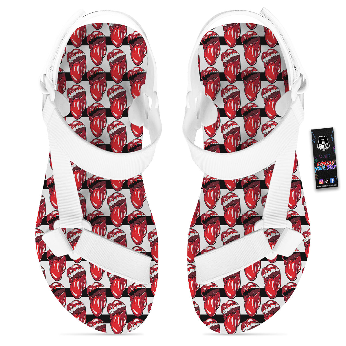 Mouth And Tongue Stripe Print Pattern White Open Toe Sandals-grizzshop