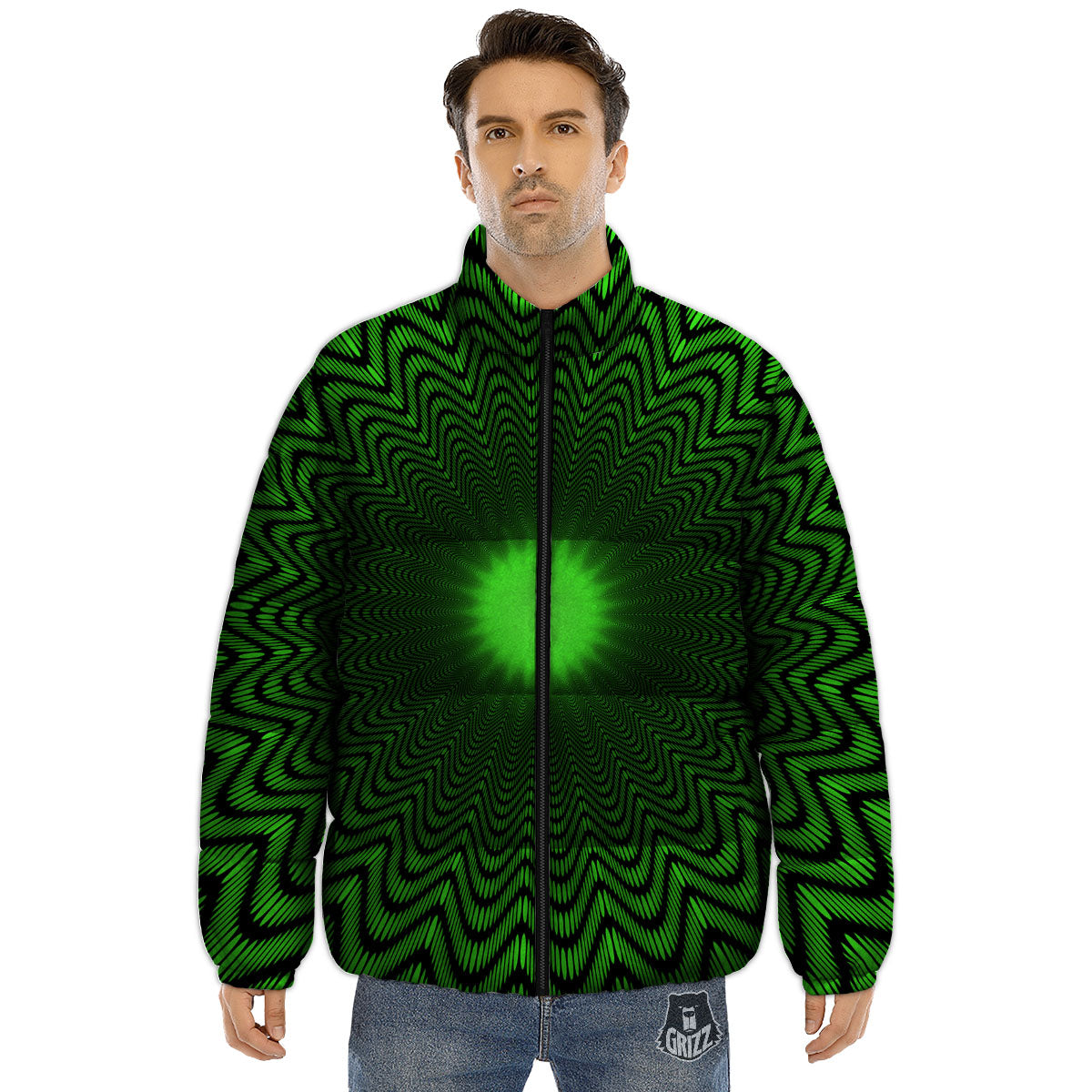 Moving Illusion Optical Green Dizzy Puffer Jacket-grizzshop
