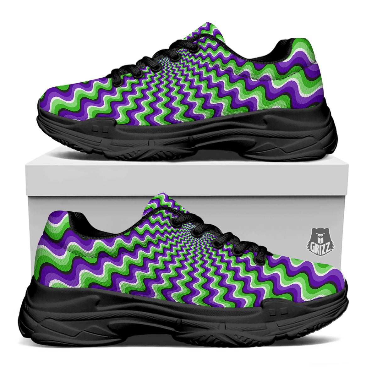 Moving Illusion Optical Green Explosion Black Chunky Shoes-grizzshop