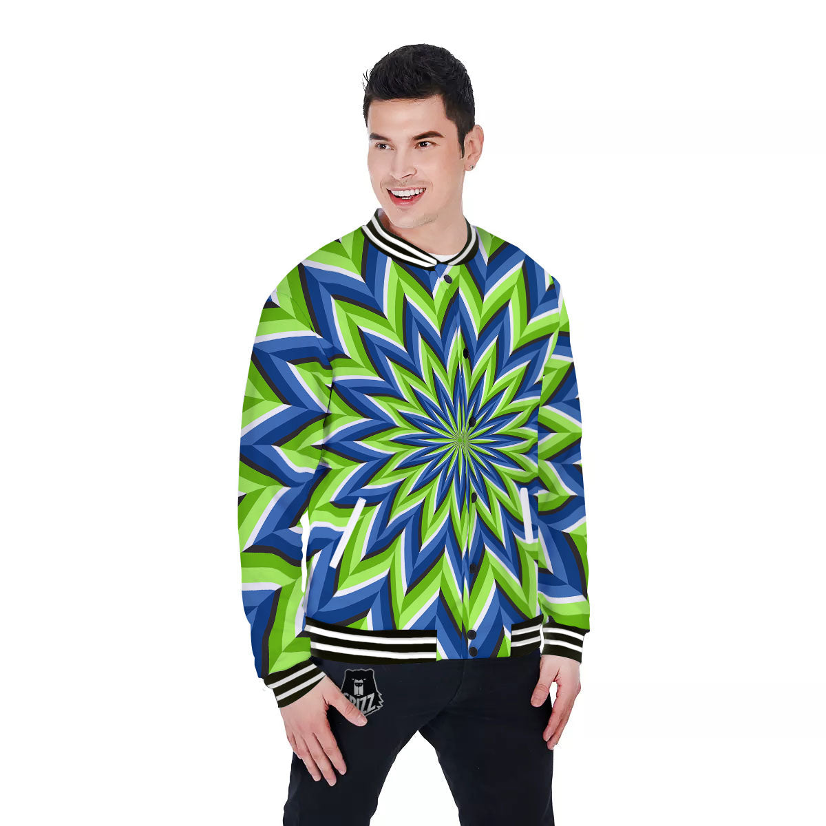Moving Illusion Optical Green Flower Baseball Jacket-grizzshop