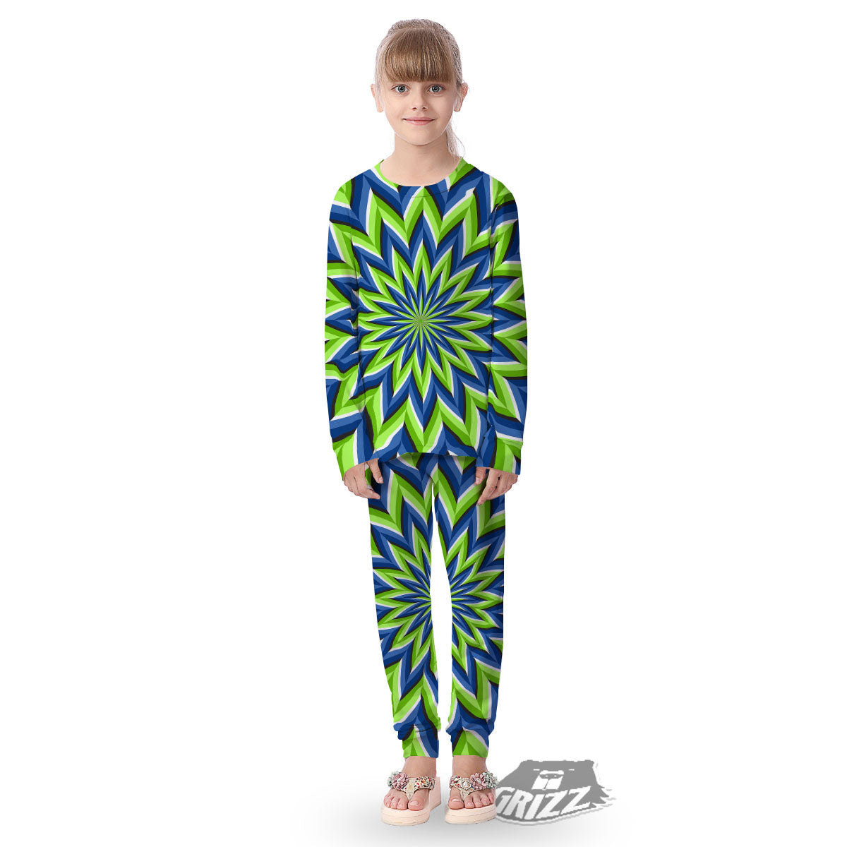 Moving Illusion Optical Green Flower Kid's Pajamas-grizzshop