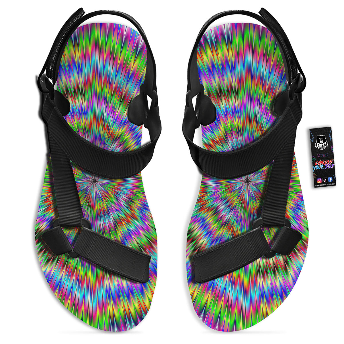 Moving Optical Illusion Abstract Dizzy Black Open Toe Sandals-grizzshop