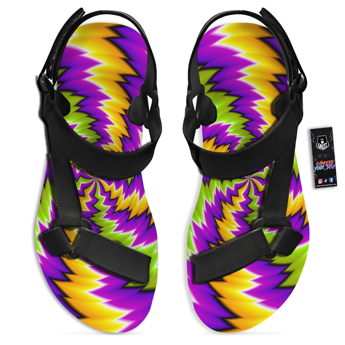 Moving Optical Illusion Dizzy Vortex Black Open Toe Sandals-grizzshop