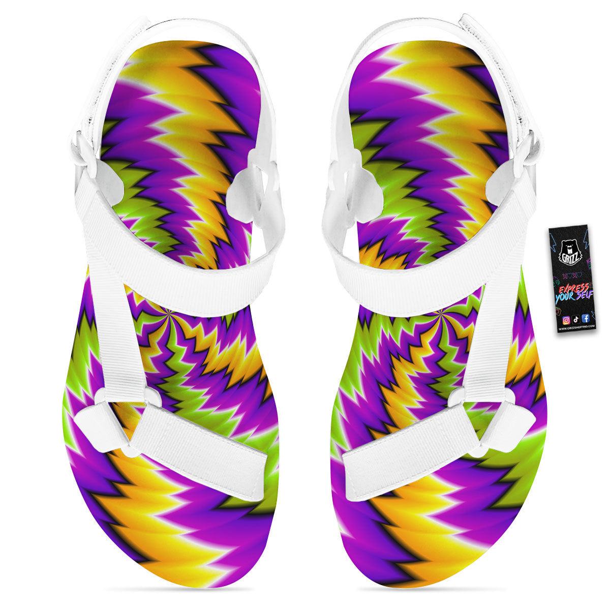 Moving Optical Illusion Dizzy Vortex White Open Toe Sandals-grizzshop