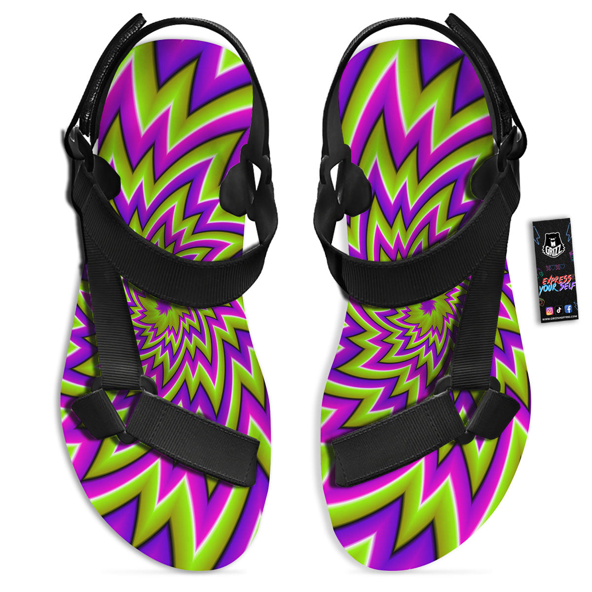 Moving Optical Illusion Green Big Bang Black Open Toe Sandals-grizzshop