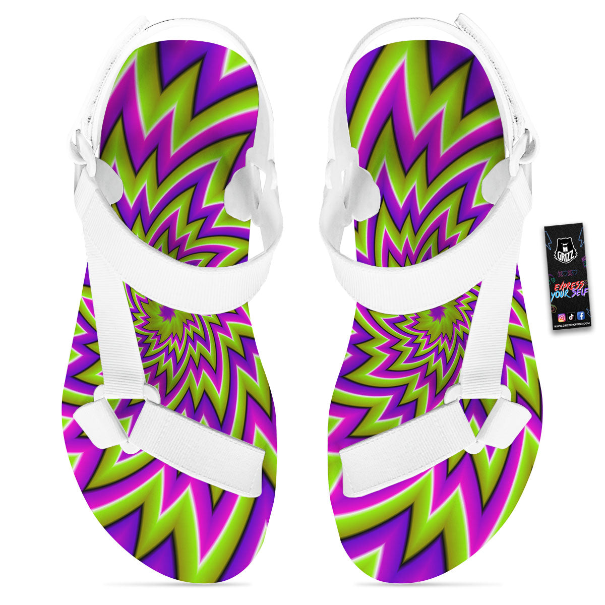 Moving Optical Illusion Green Big Bang White Open Toe Sandals-grizzshop