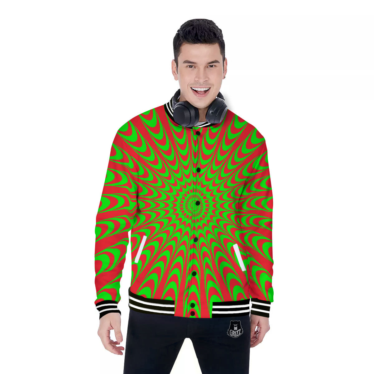 Moving Optical Illusion Green Red Wave Baseball Jacket-grizzshop