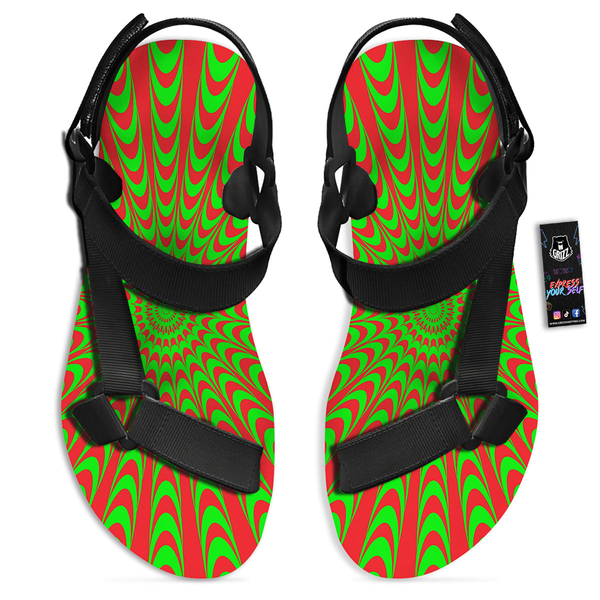 Moving Optical Illusion Green Red Wave Black Open Toe Sandals-grizzshop