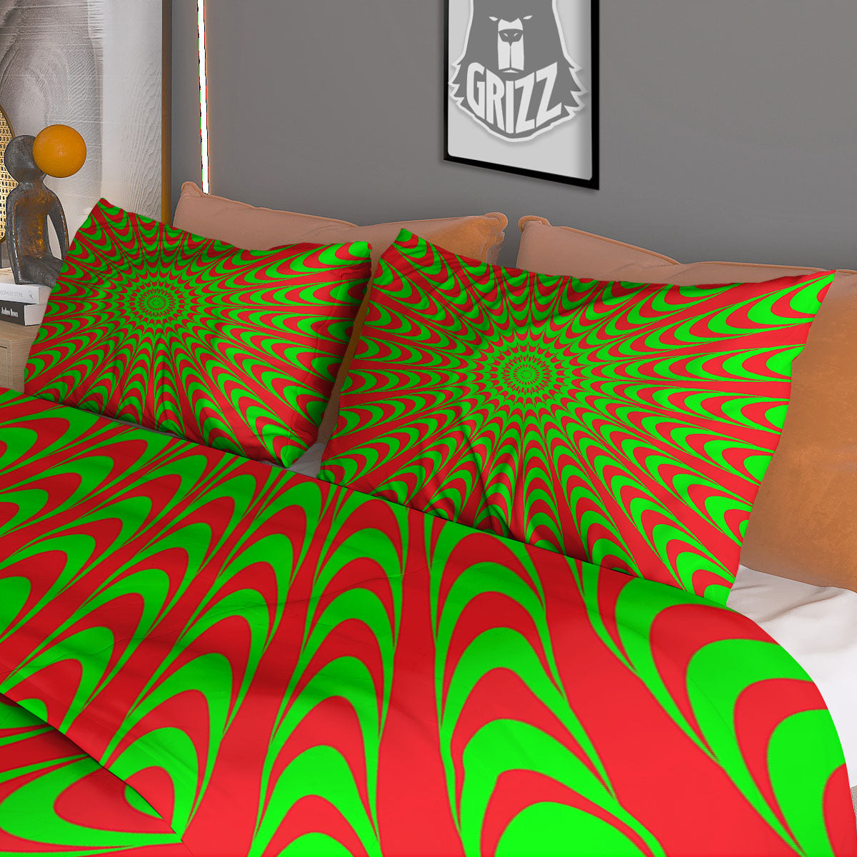 Moving Optical Illusion Green Red Wave Duvet Cover Bedding Set