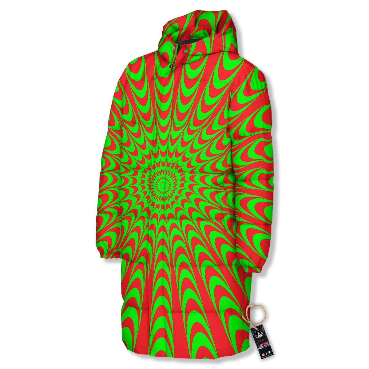 Moving Optical Illusion Green Red Wave Long Down Jacket-grizzshop