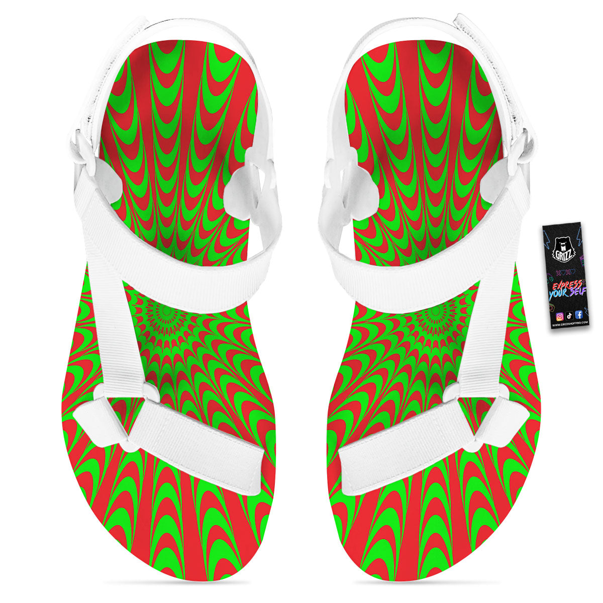 Moving Optical Illusion Green Red Wave White Open Toe Sandals-grizzshop
