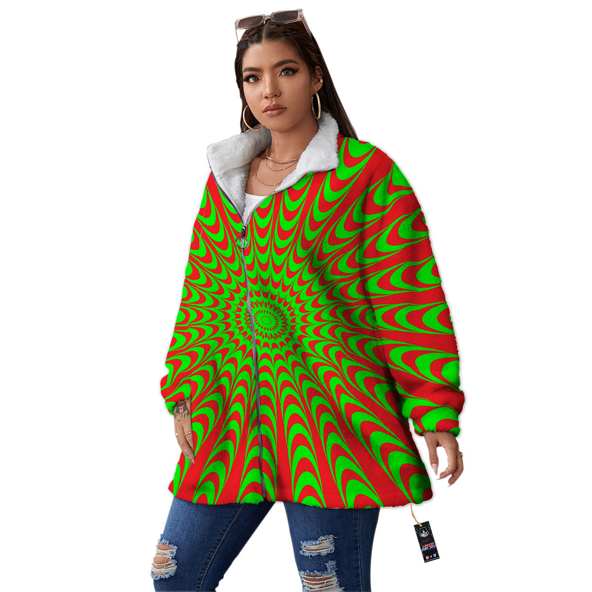 Moving Optical Illusion Green Red Wave Women's Sherpa Jacket-grizzshop