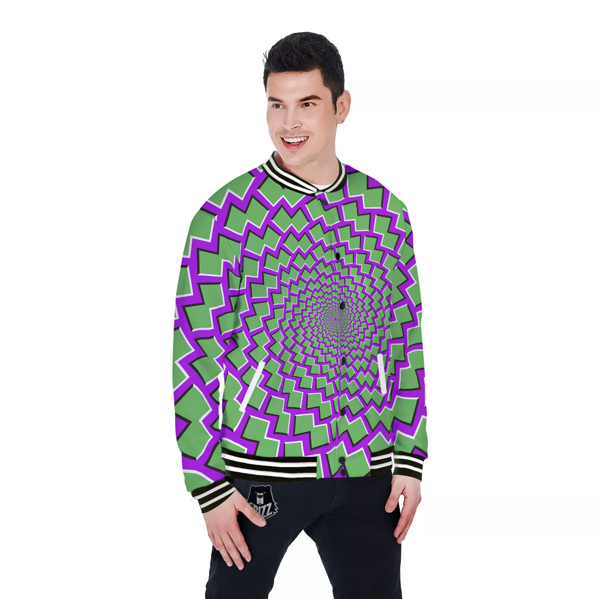 Moving Optical Illusion Green Shapes Baseball Jacket-grizzshop