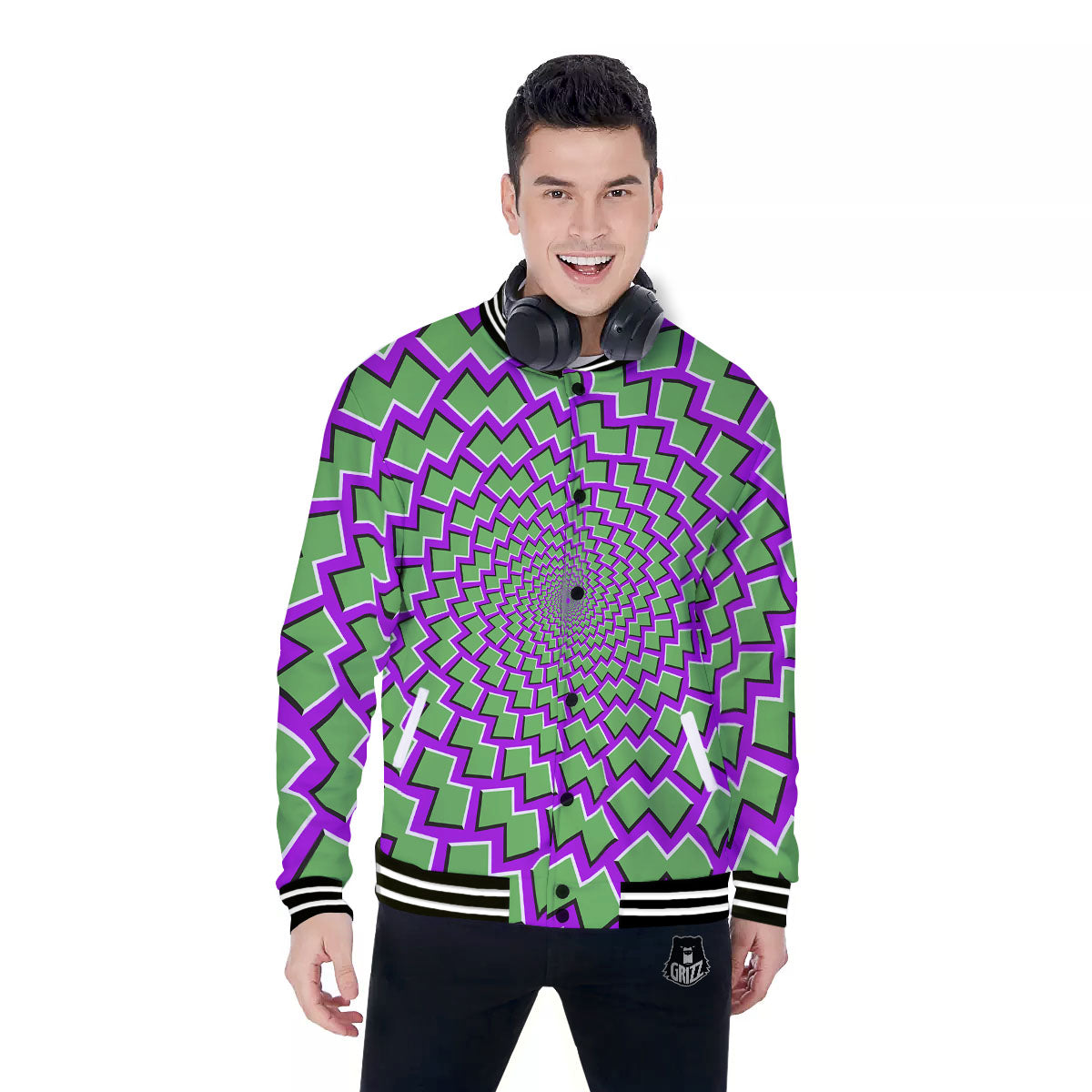 Moving Optical Illusion Green Shapes Baseball Jacket-grizzshop