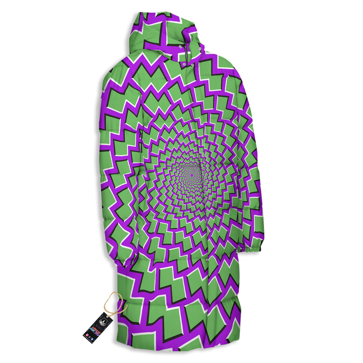 Moving Optical Illusion Green Shapes Long Down Jacket-grizzshop