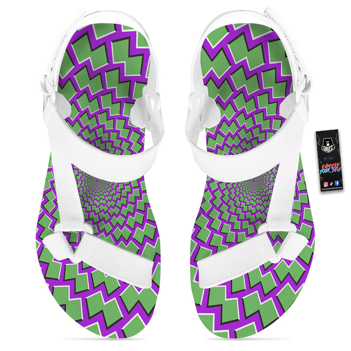 Moving Optical Illusion Green Shapes White Open Toe Sandals-grizzshop