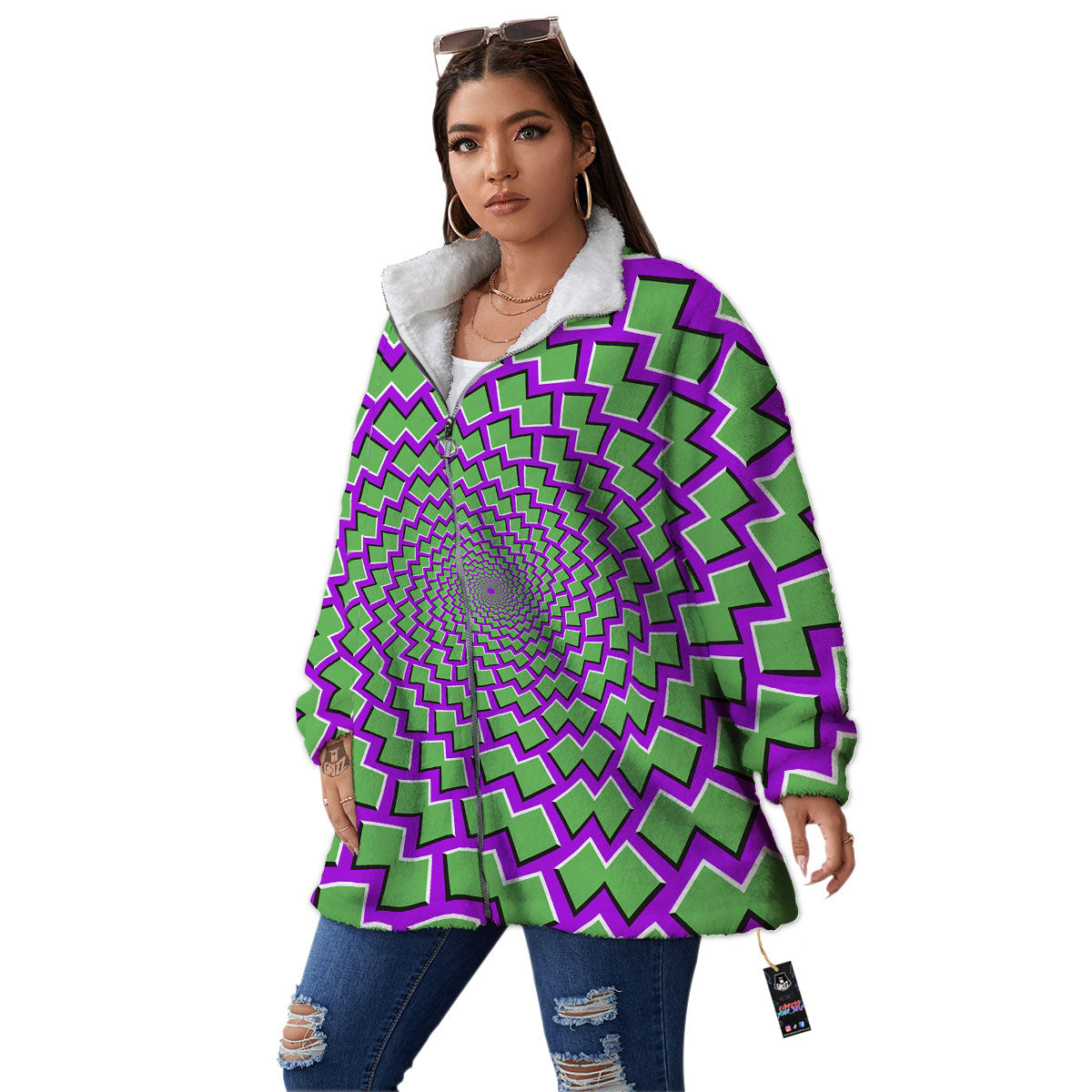 Moving Optical Illusion Green Shapes Women's Sherpa Jacket-grizzshop