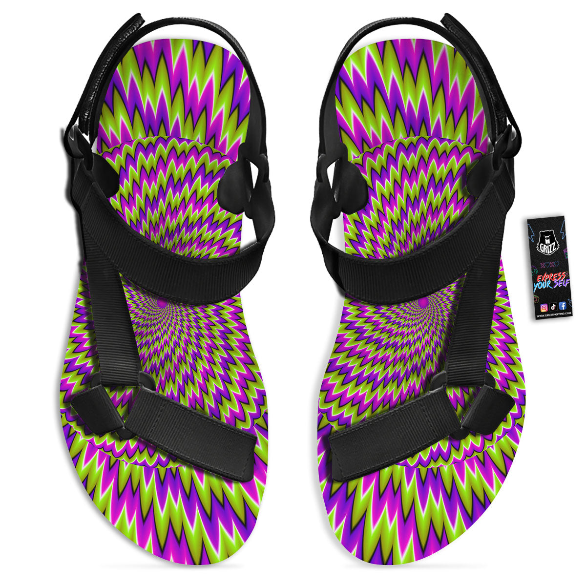 Moving Optical Illusion Green Spiral Black Open Toe Sandals-grizzshop