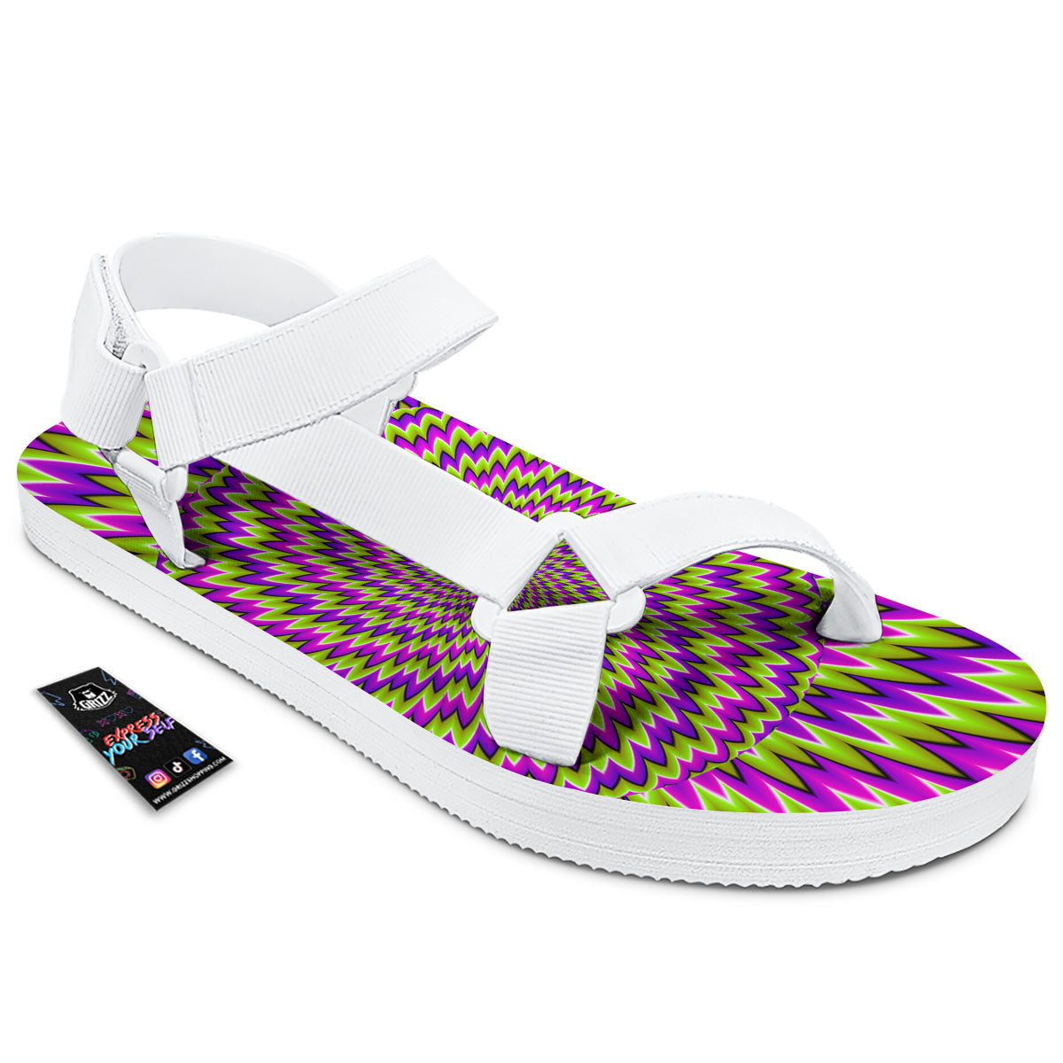 Moving Optical Illusion Green Spiral White Open Toe Sandals-grizzshop