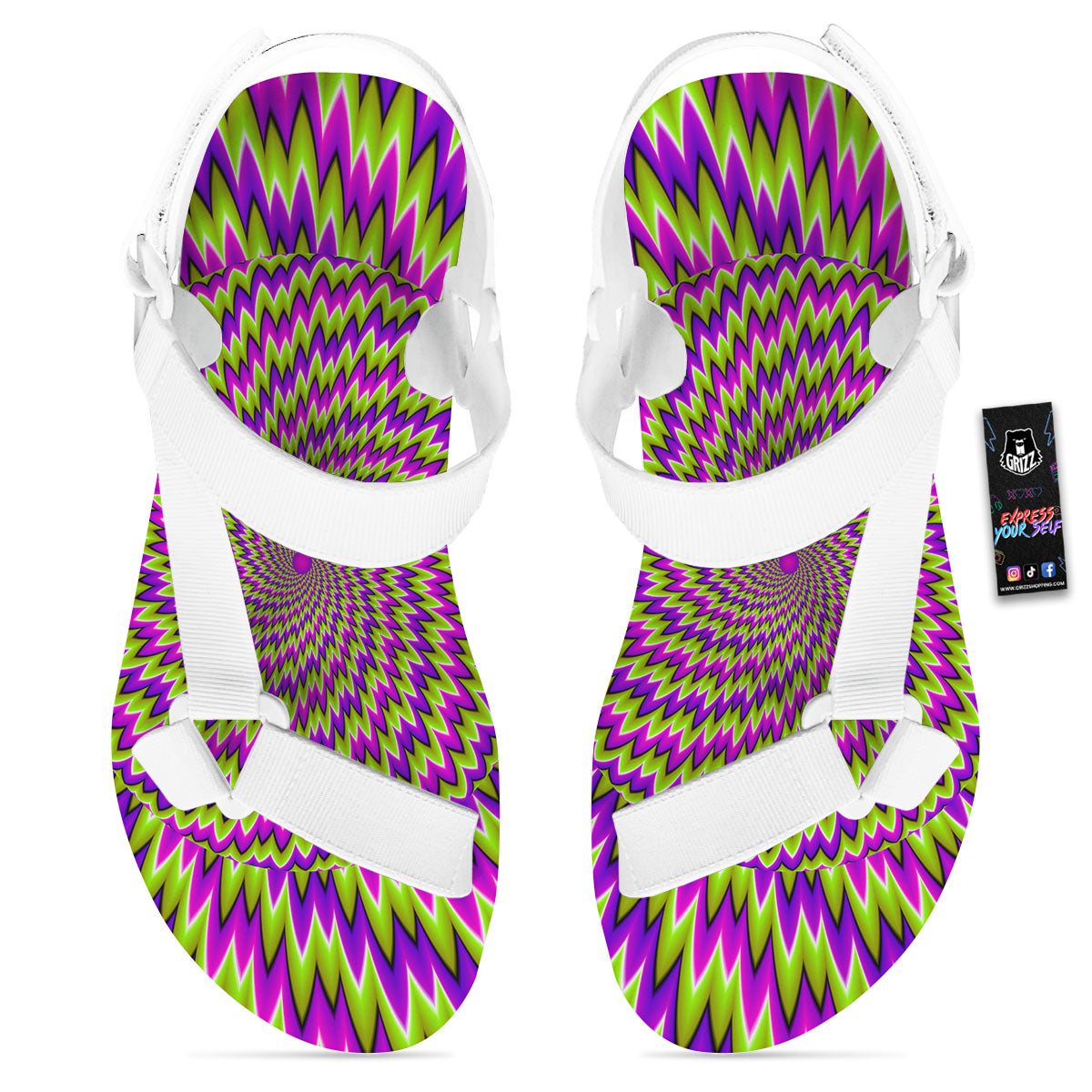 Moving Optical Illusion Green Spiral White Open Toe Sandals-grizzshop