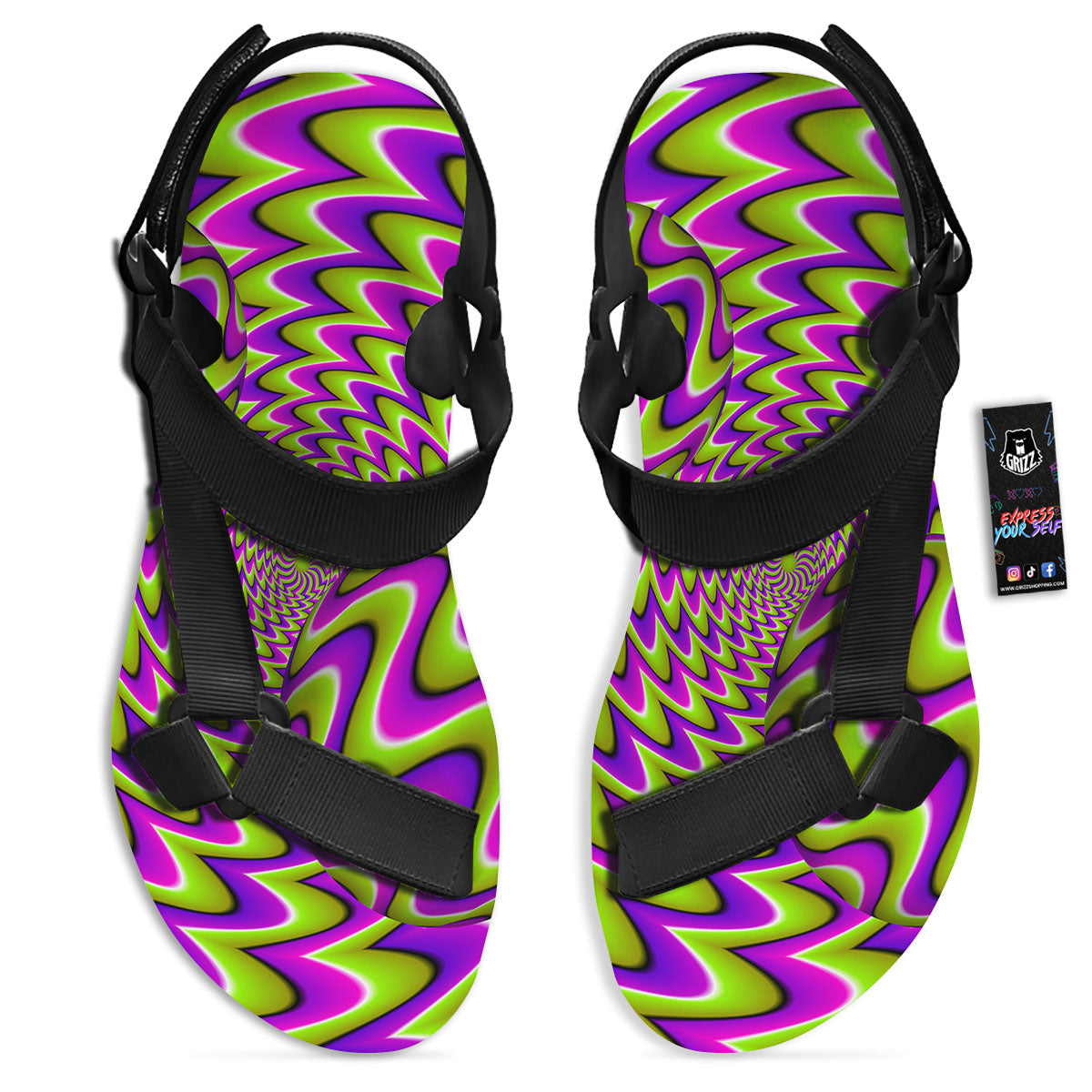 Moving Optical Illusion Green Twisted Black Open Toe Sandals-grizzshop