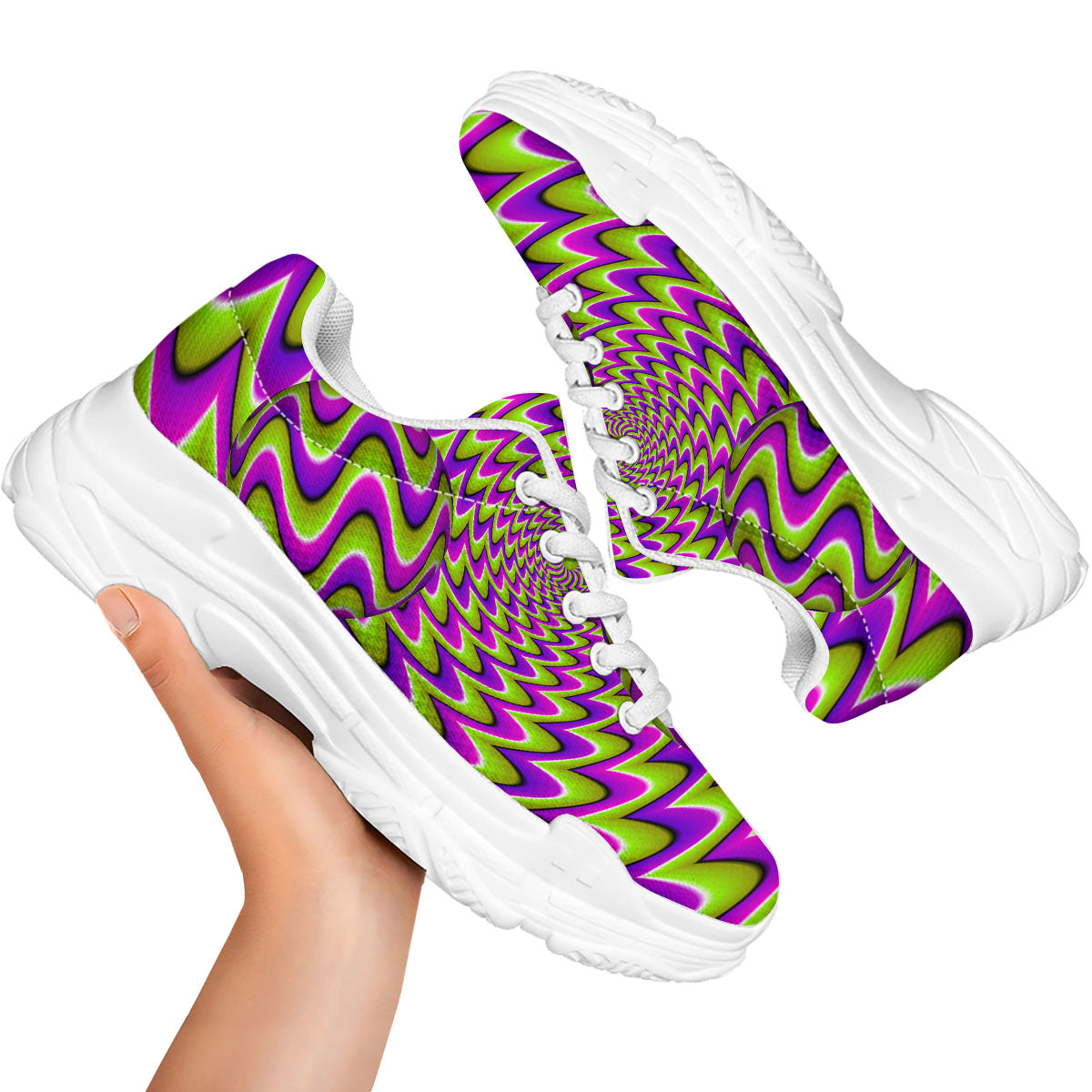 Moving Optical Illusion Green Twisted White Chunky Shoes-grizzshop