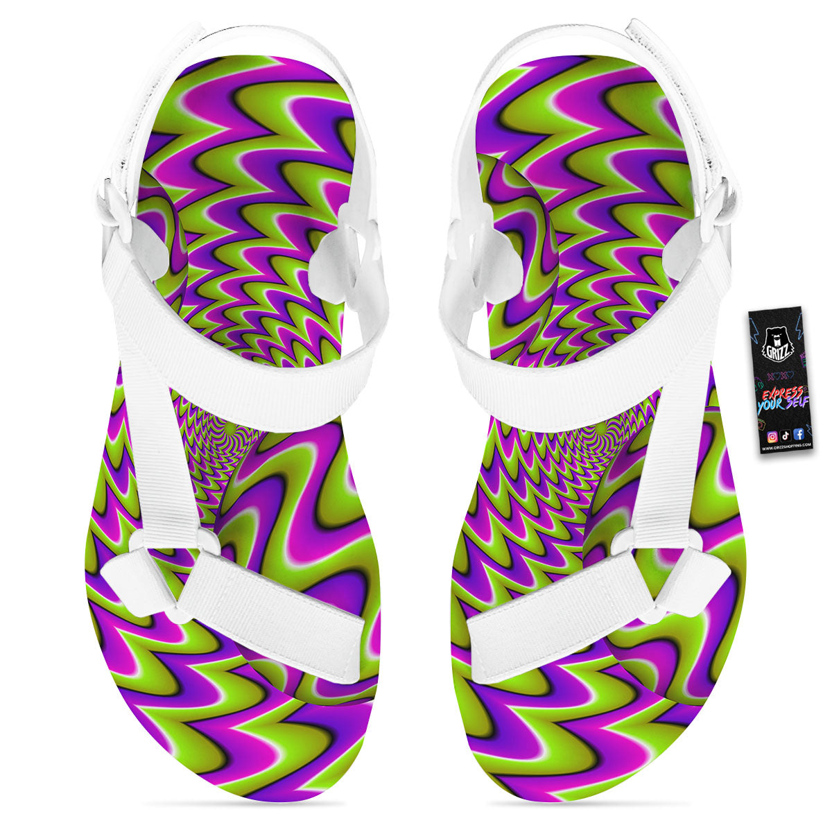 Moving Optical Illusion Green Twisted White Open Toe Sandals-grizzshop