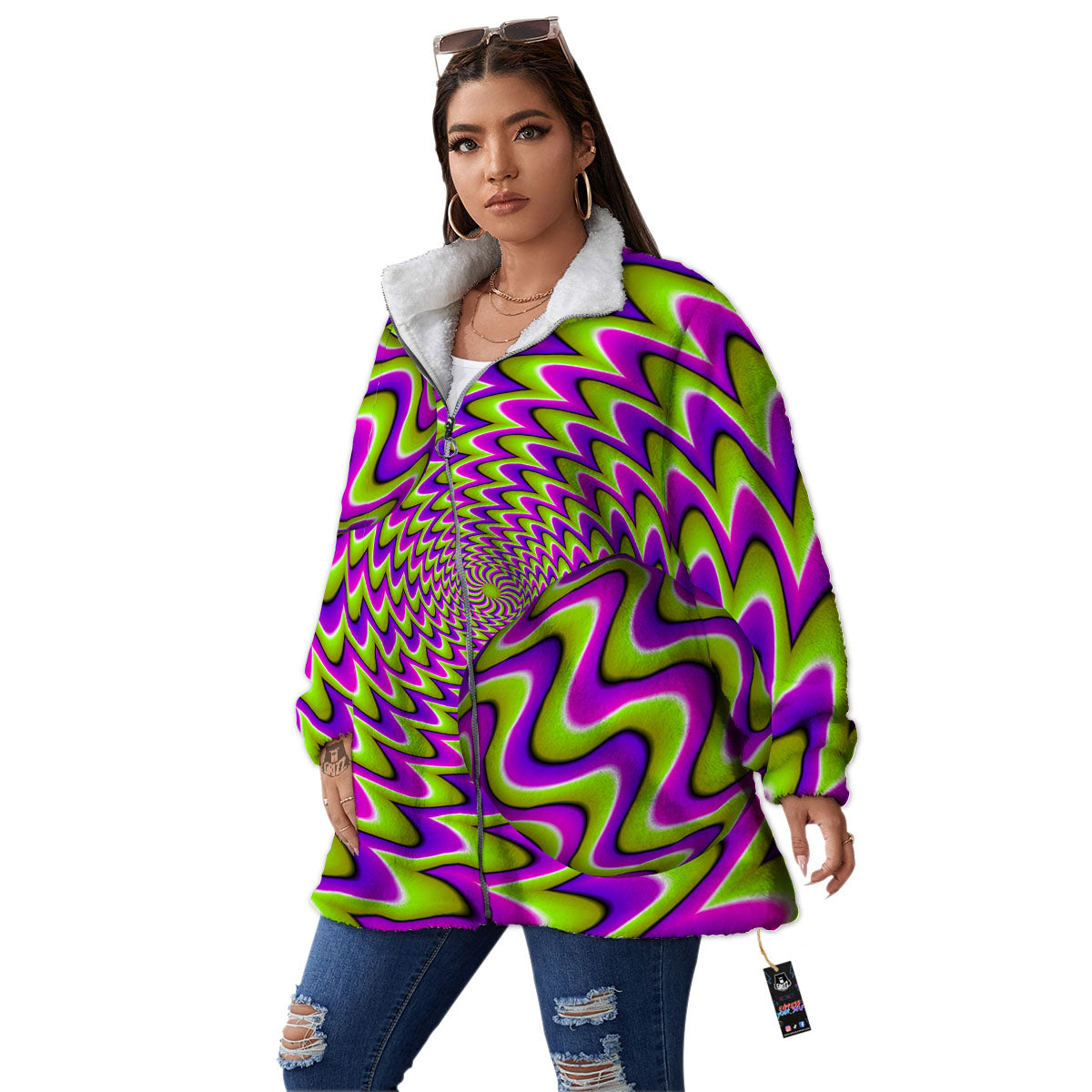 Moving Optical Illusion Green Twisted Women's Sherpa Jacket-grizzshop