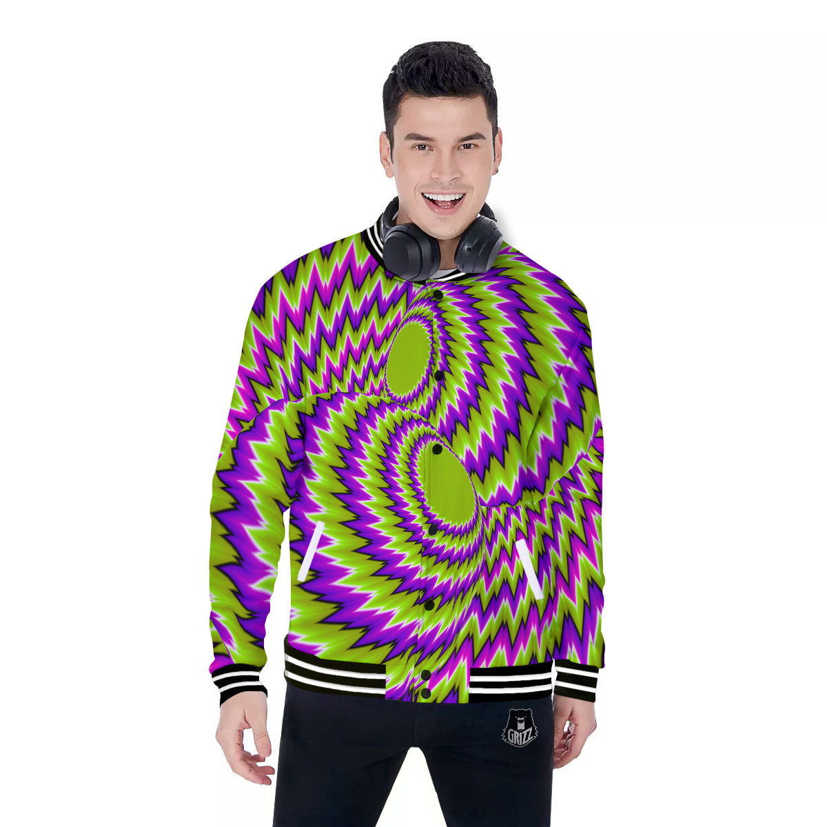 Moving Optical Illusion Green Vortex Baseball Jacket-grizzshop