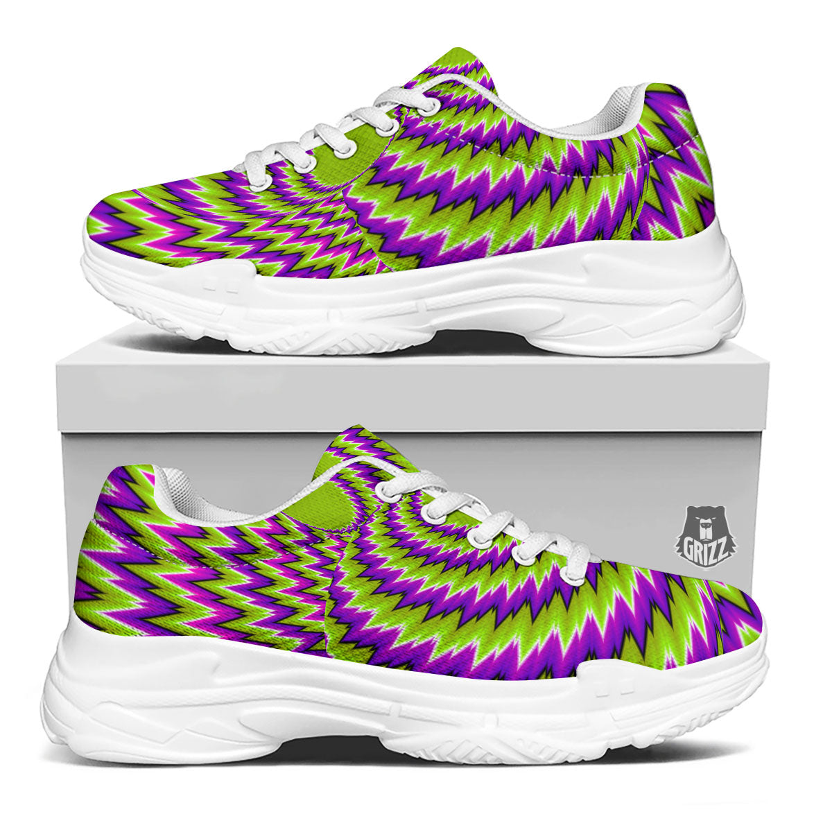Moving Optical Illusion Green Vortex White Chunky Shoes-grizzshop