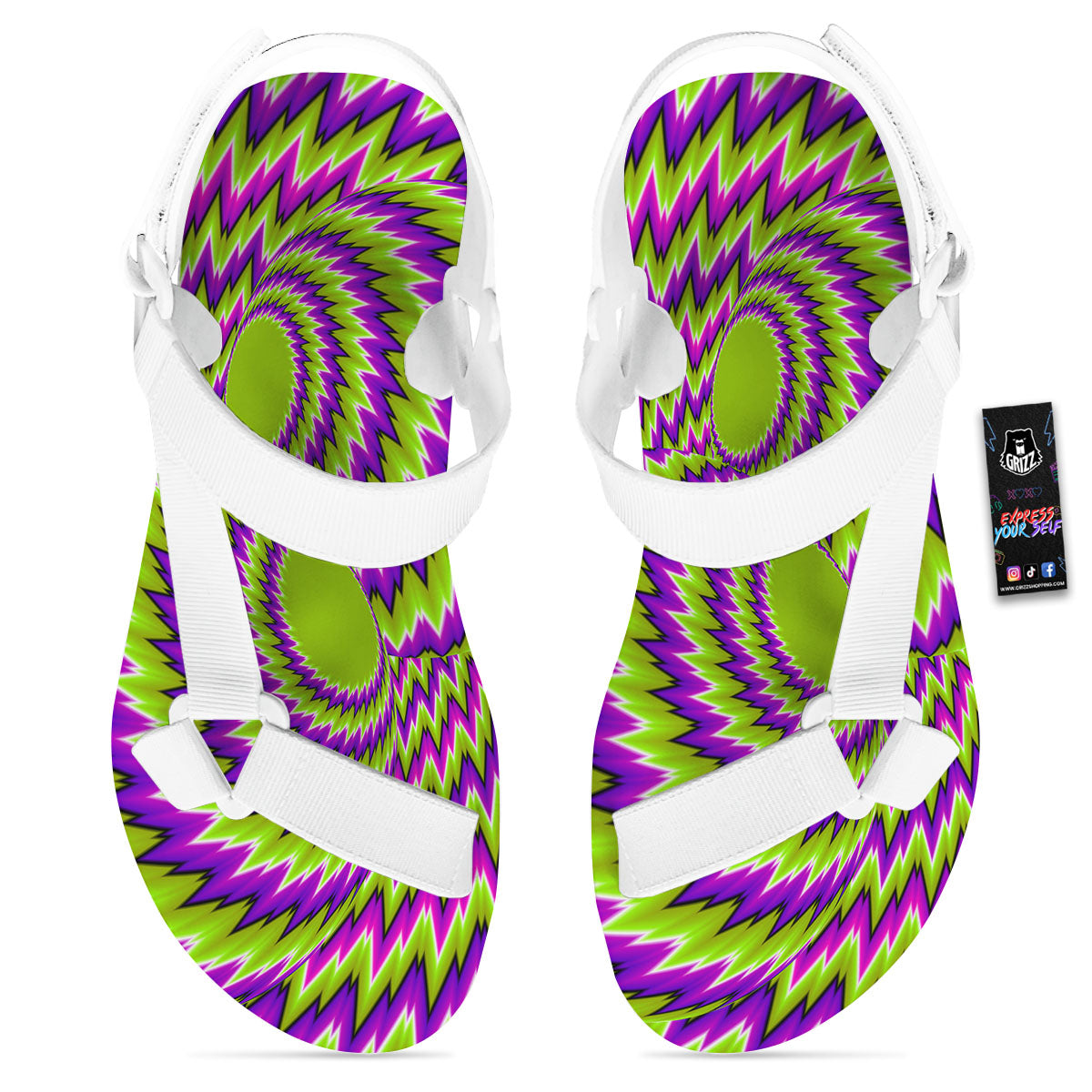 Moving Optical Illusion Green Vortex White Open Toe Sandals-grizzshop
