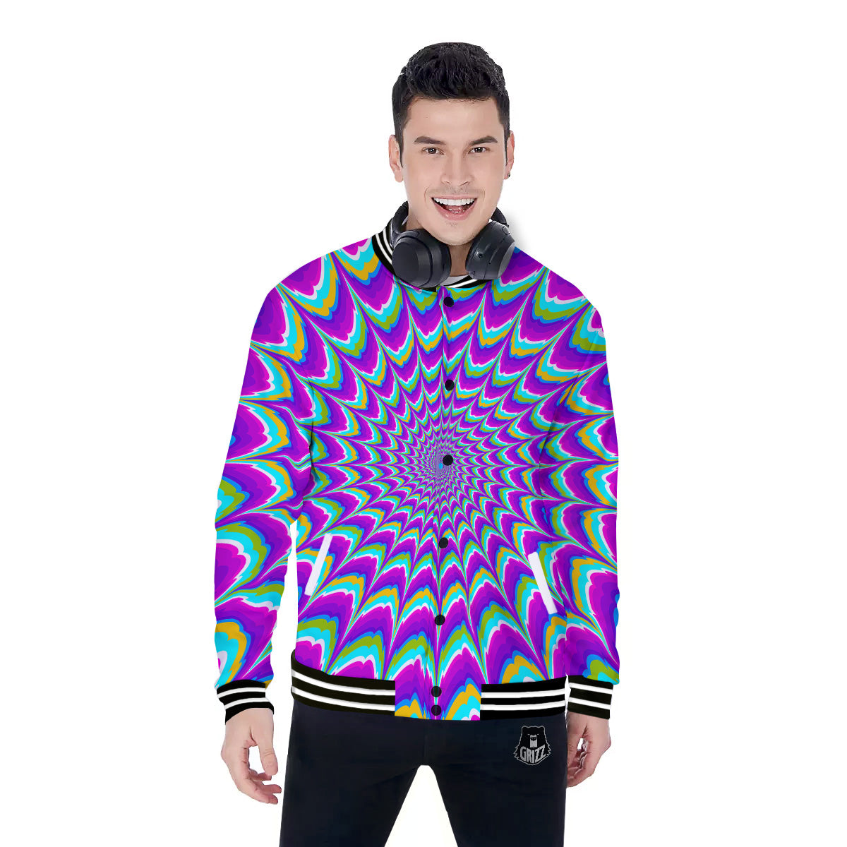 Moving Optical Illusion Purple Dizzy Baseball Jacket-grizzshop