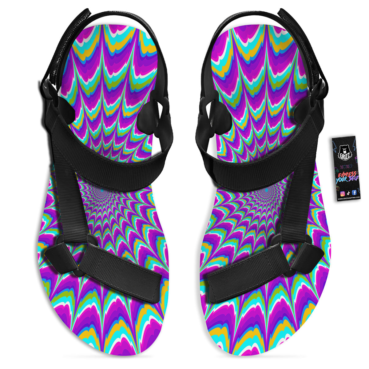 Moving Optical Illusion Purple Dizzy Black Open Toe Sandals-grizzshop